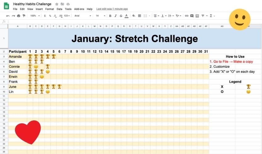 A Google Sheet for tracking habits and virtual team building challenges.