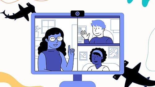 A cartoon of three people on a video call