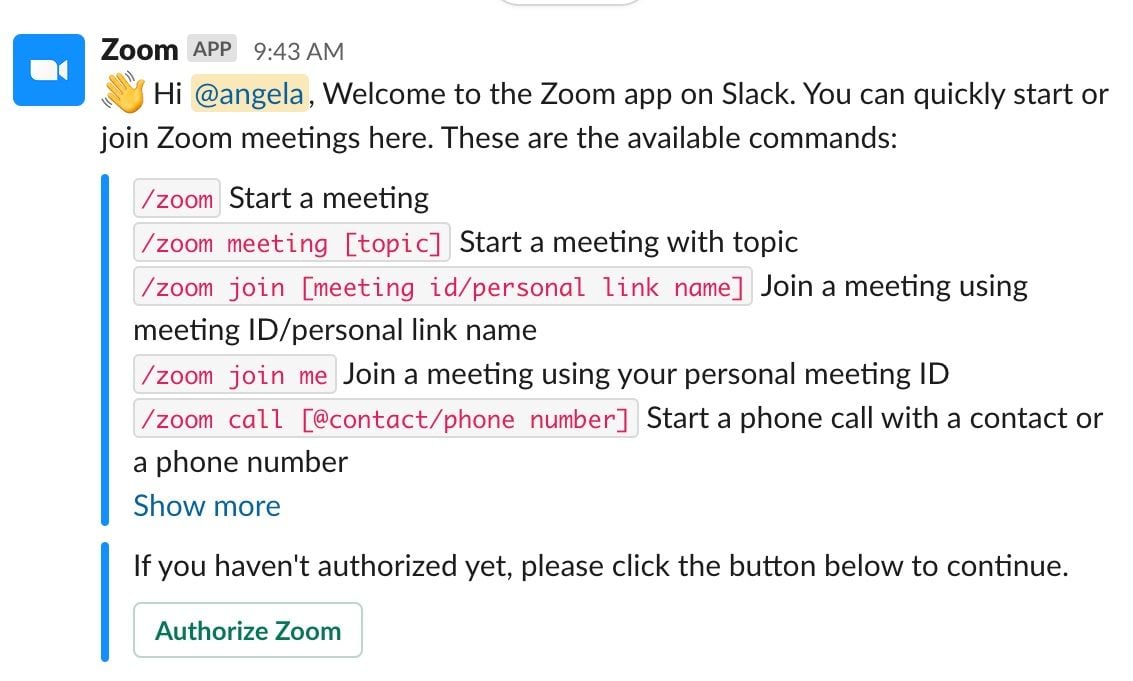 Screenshot of Zoom slack app